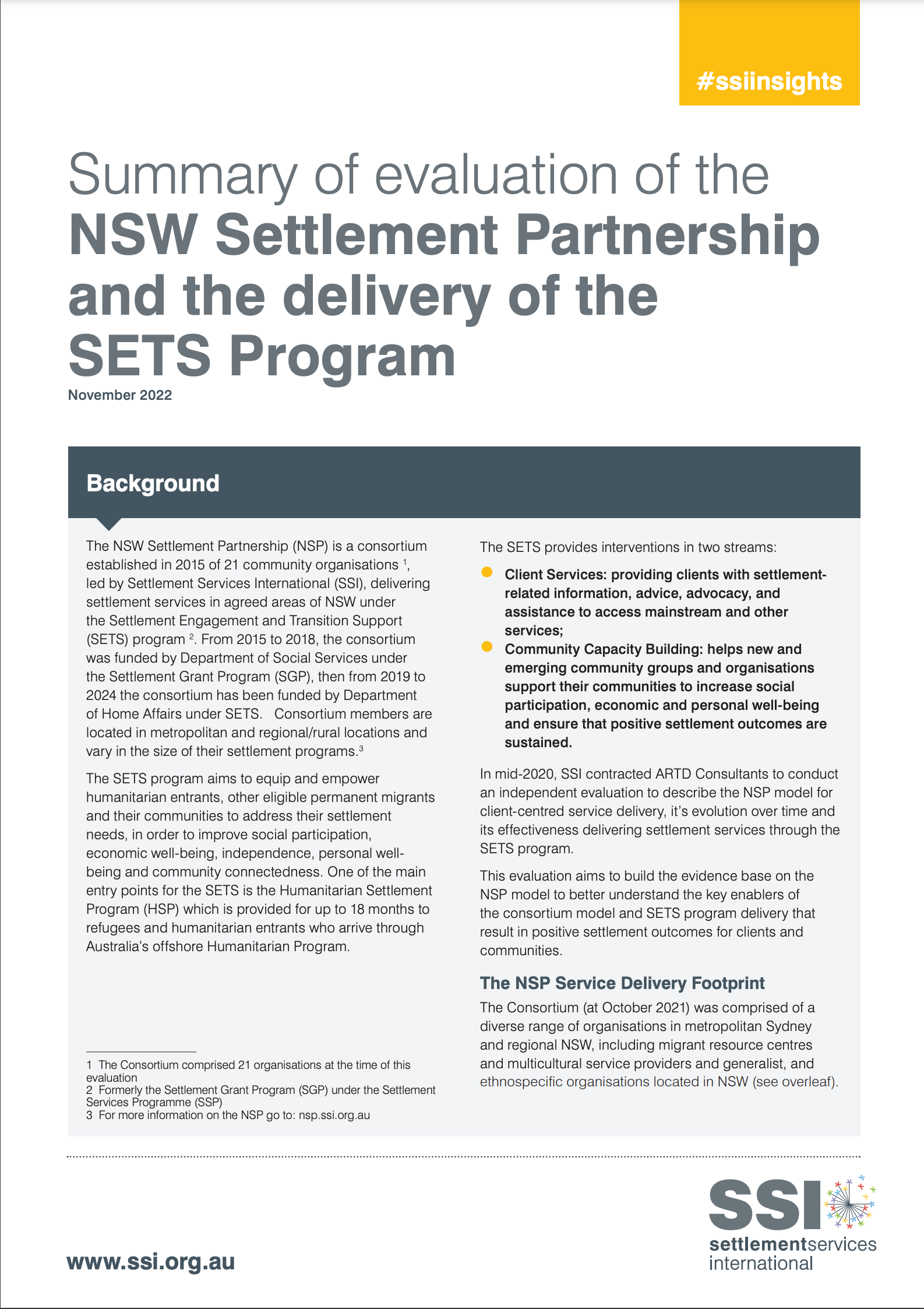 Summary of Evaluation of NSW Settlement Partnership and SETS Program