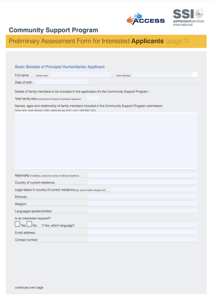 Community Support Program Preliminary Assessment Form for Interested Applicants