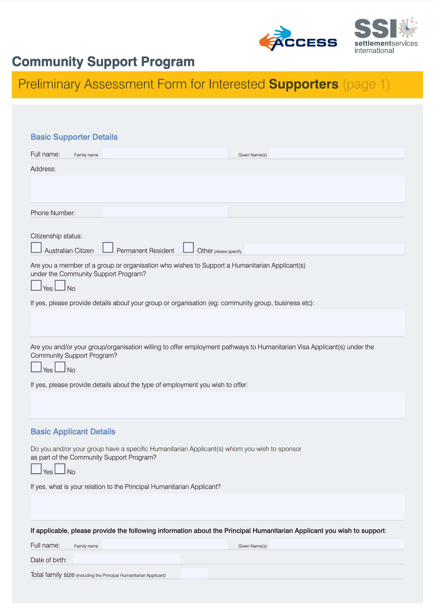 Community Support Program Preliminary Assessment Form for Interested Supporters