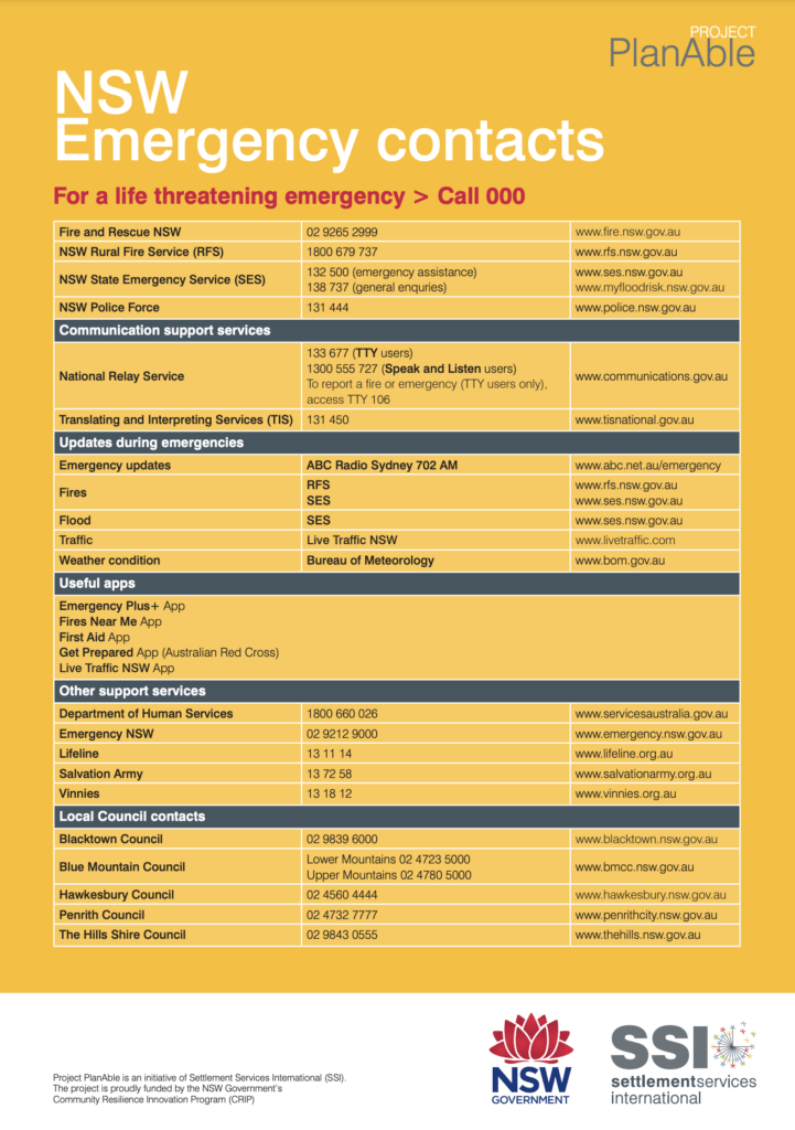 Project PlanAble NSW Emergency contacts