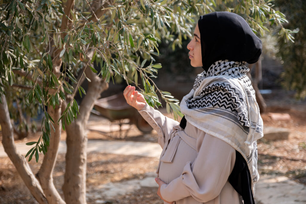 Pregnant woman holding branch of olive tree while wearing palestinian keffiyeh in the field