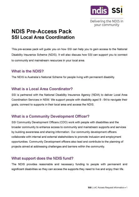 NDIS Pre-Access Pack - SSI LAC