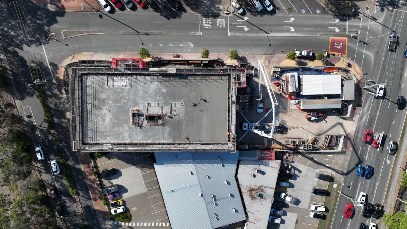 A birds eye view of the completed concrete pour at the Logan Hub building site