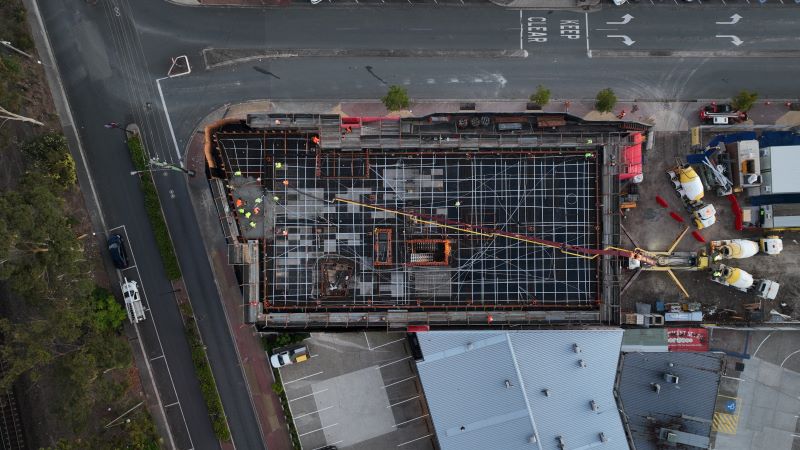 A birds eye view of the Logan Hub building site ready for concrete pour