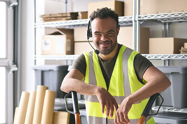 Man working in warehouse wearing headset