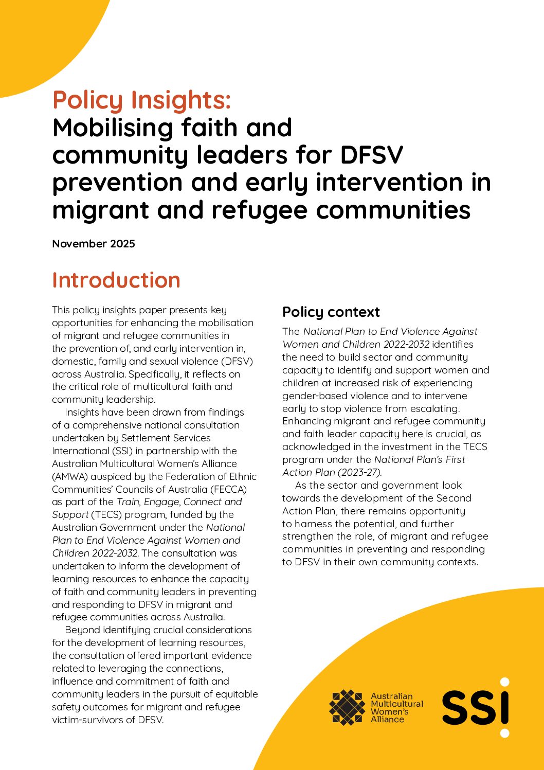 Policy Insight: Mobilising faith and community leaders for DFSV prevention and early intervention in migrant and refugee communities